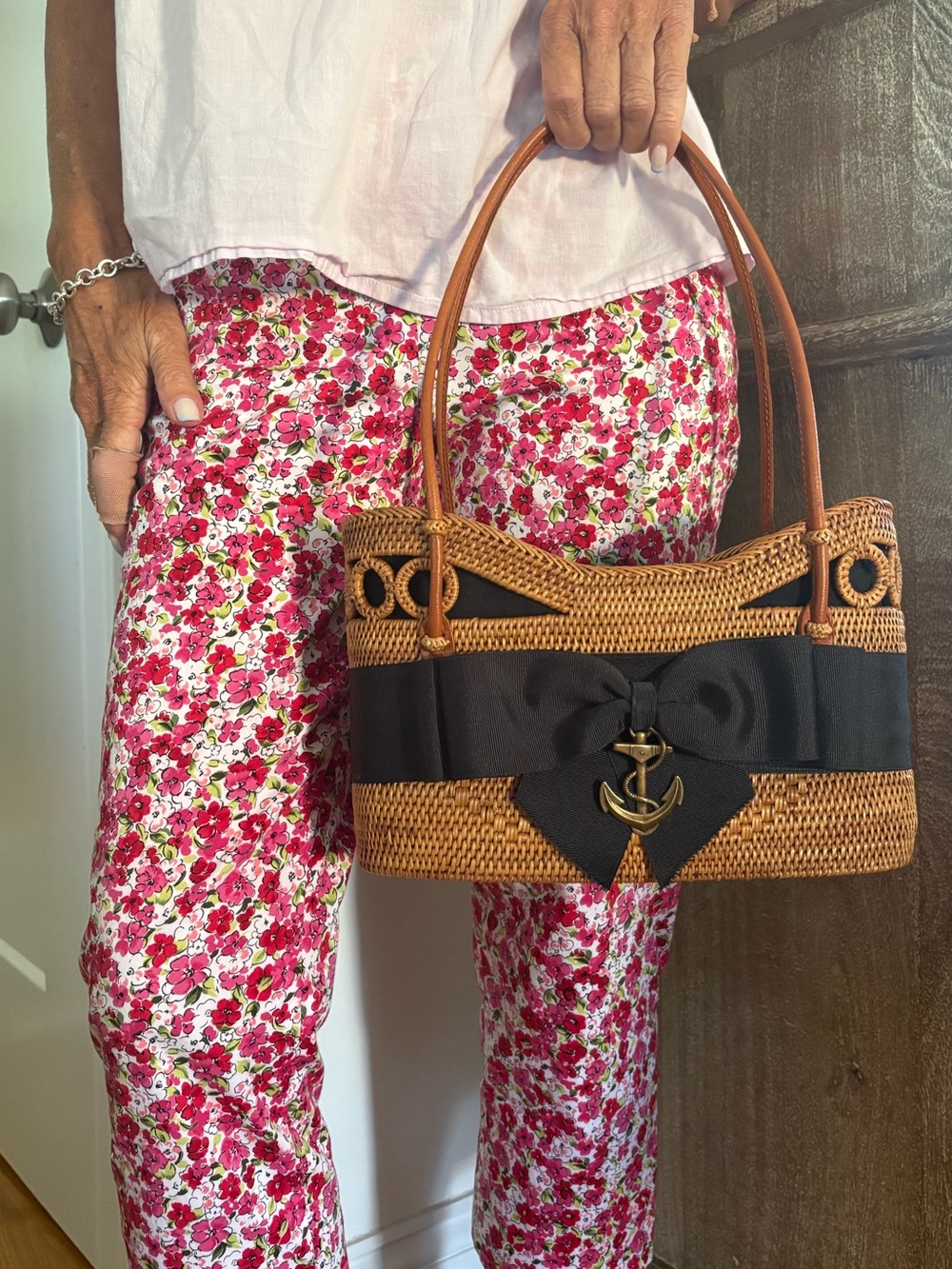 Vintage Bosom Buddy Bag Wicker Basket Purse Black Bow/Gold Anchor She Shell